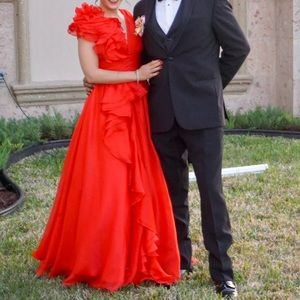Gorgeous red Mac Duggal evening gown with floral ruffle